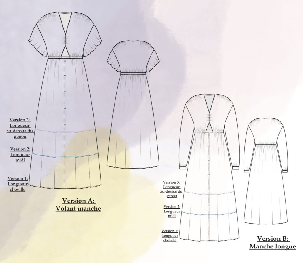 Dessin technique de la robe Marcelle montrant les diverses options du patron de couture
