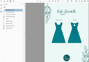 Schéma technique de ma version de la robe Hirondelle. Il est généré par le fichier PDF de visualisation de version fourni par Instinct Couture.