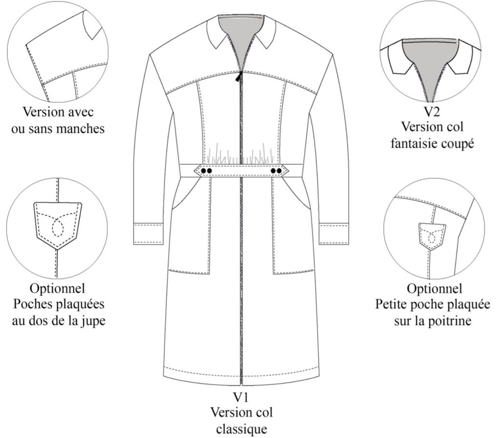 Dessin technique de la robe La Nîmoise montrant les versions et option,s possible pour ce modèle.
