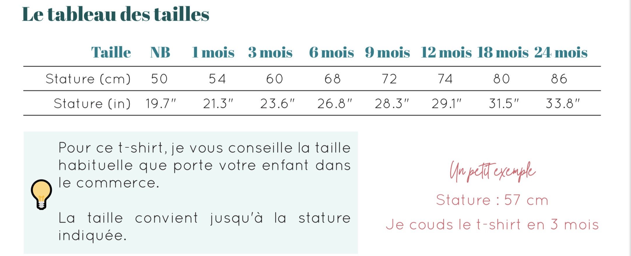 Tableau des tailles du  patron du Tee-Shirt Renardeau de Insctinct Couture
